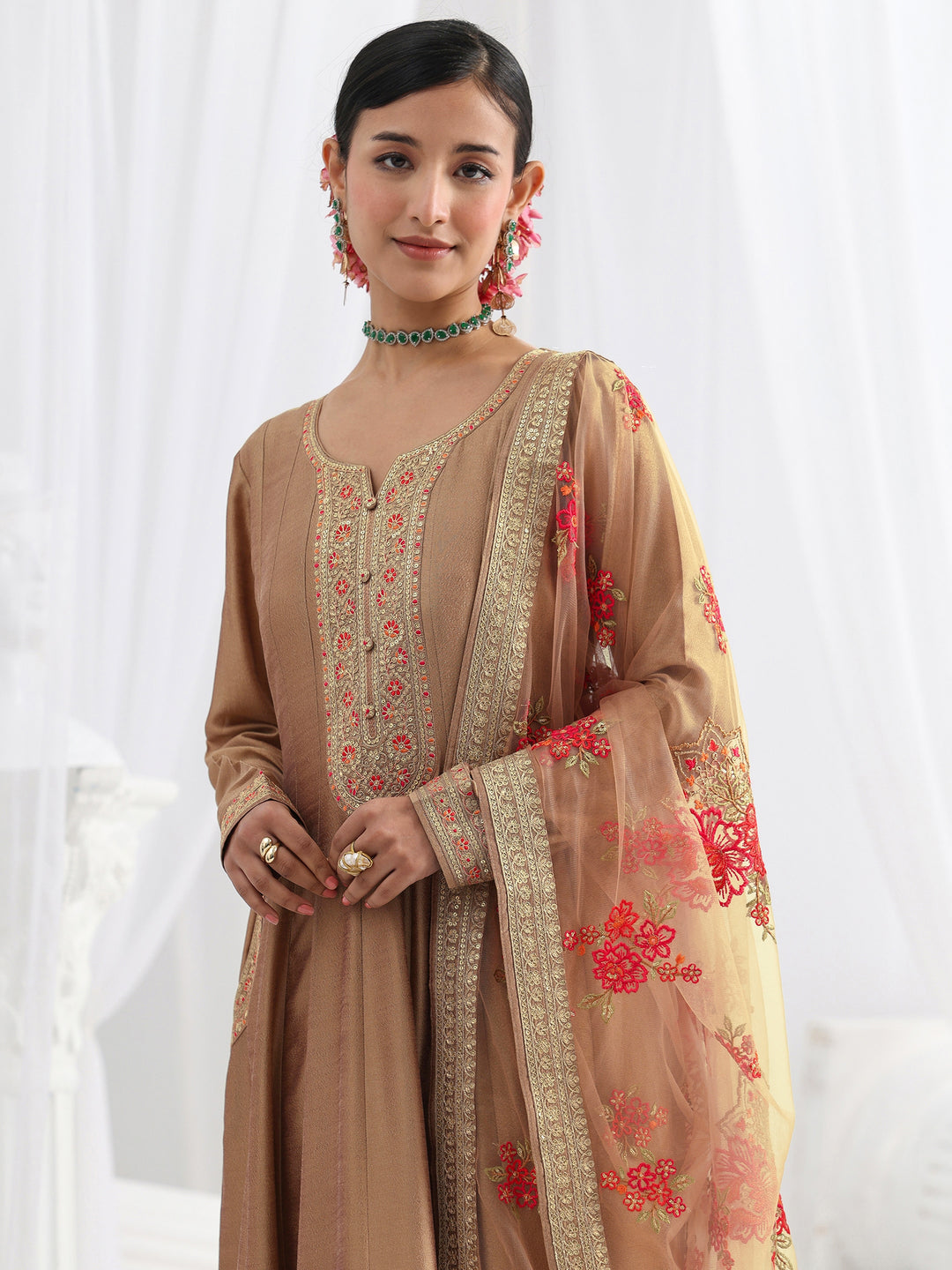  Brown Embroidered Silk Blend A-Line Suit Set With Dupatta 