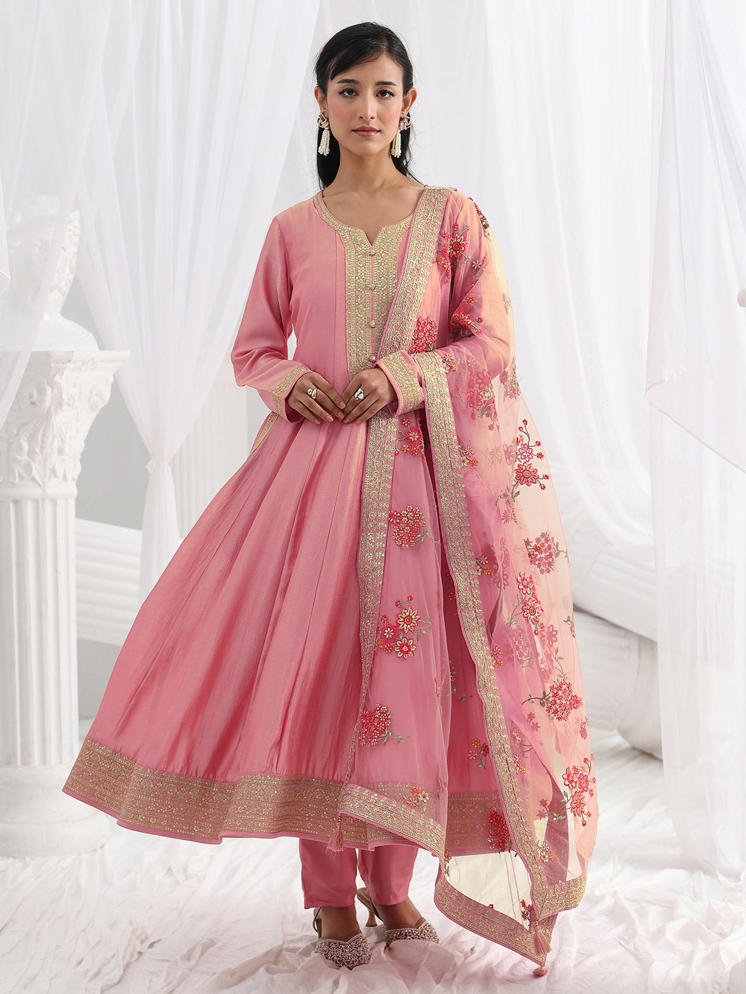  Pink Embroidered Silk Blend A-Line Suit Set With Dupatta 