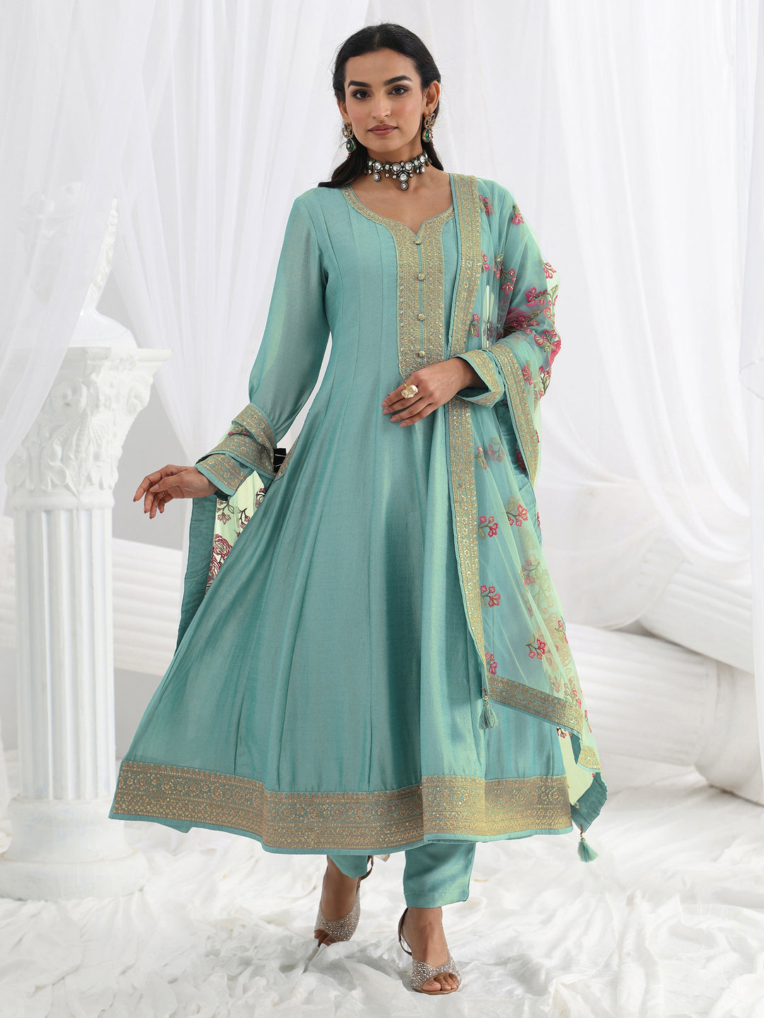  Blue Embroidered Silk Blend A-Line Suit Set With Dupatta 