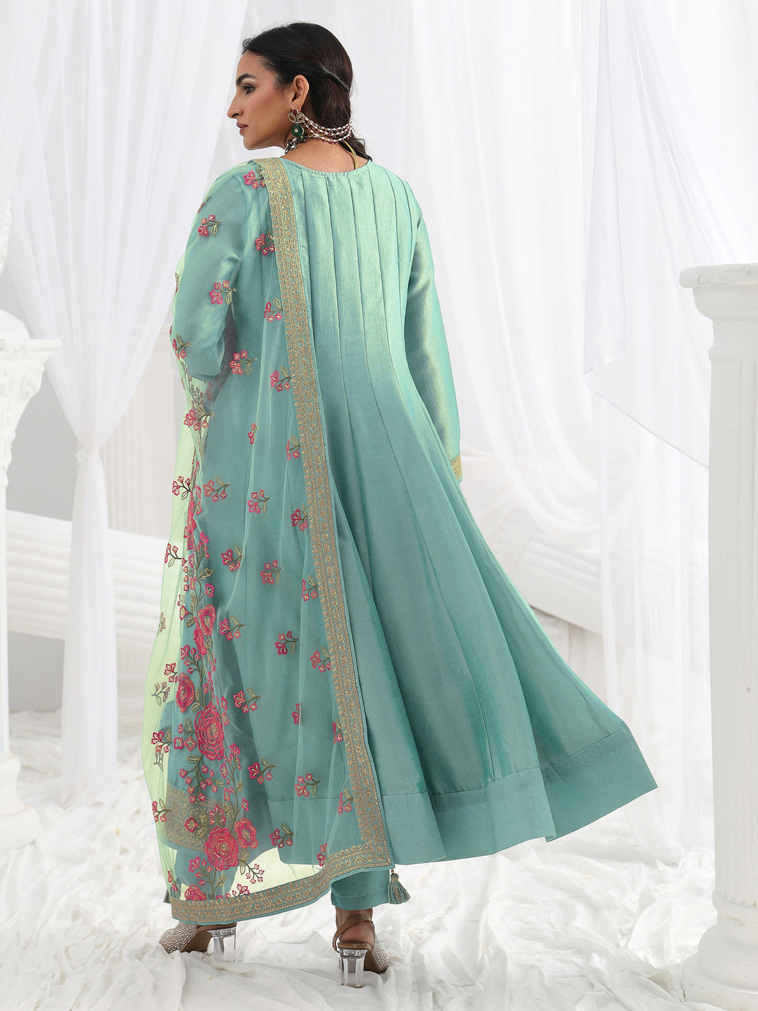  Blue Embroidered Silk Blend A-Line Suit Set With Dupatta 