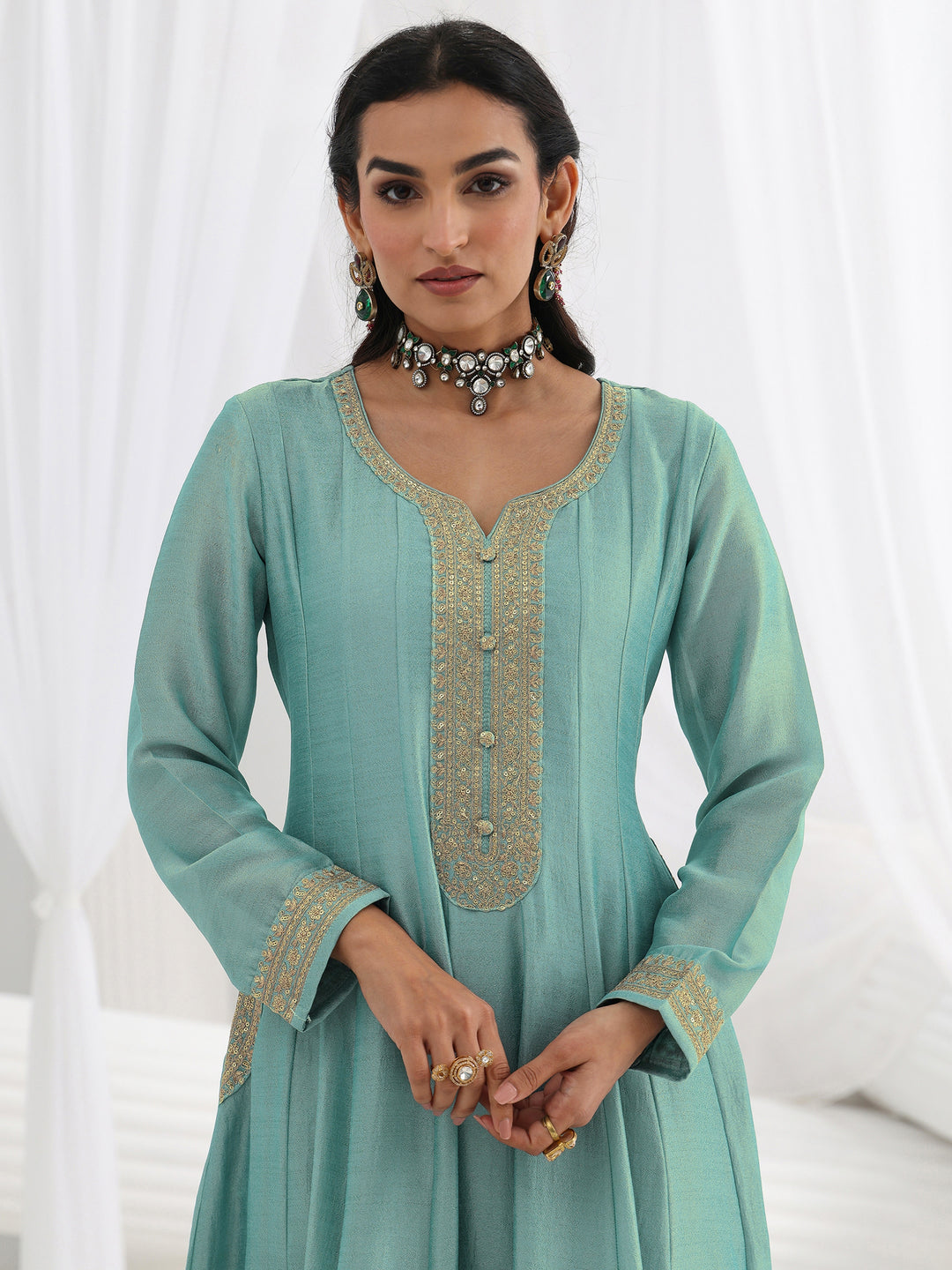  Blue Embroidered Silk Blend A-Line Suit Set With Dupatta 