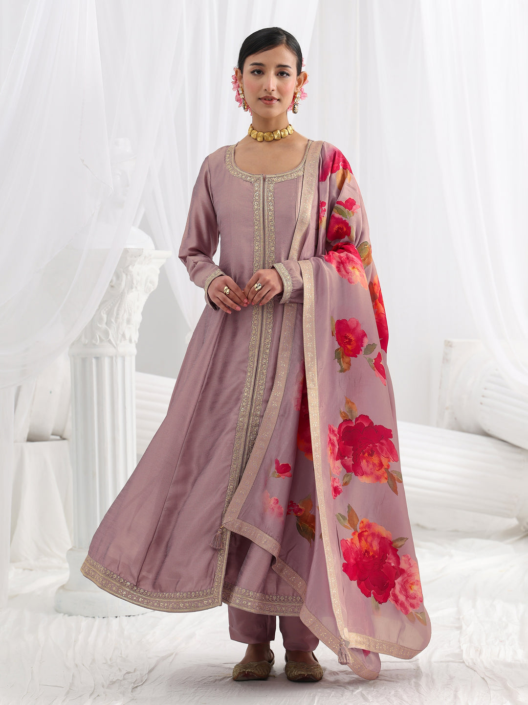  Lavender Embroidered Silk Blend A-Line Suit Set With Dupatta 