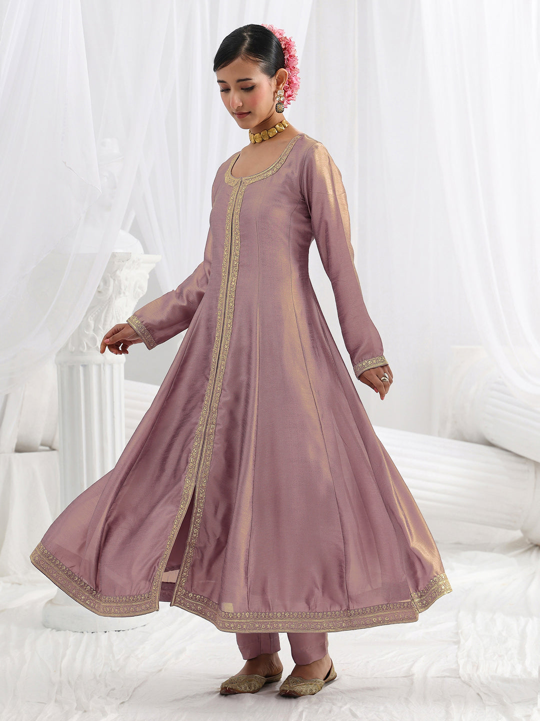  Lavender Embroidered Silk Blend A-Line Suit Set With Dupatta 