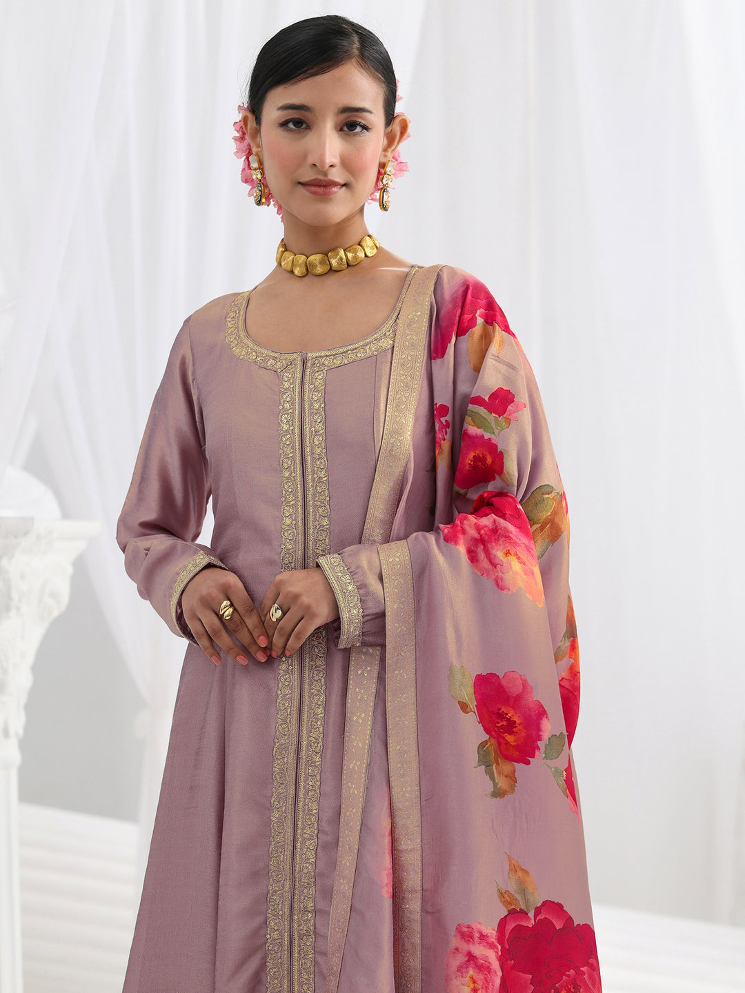  Lavender Embroidered Silk Blend A-Line Suit Set With Dupatta 