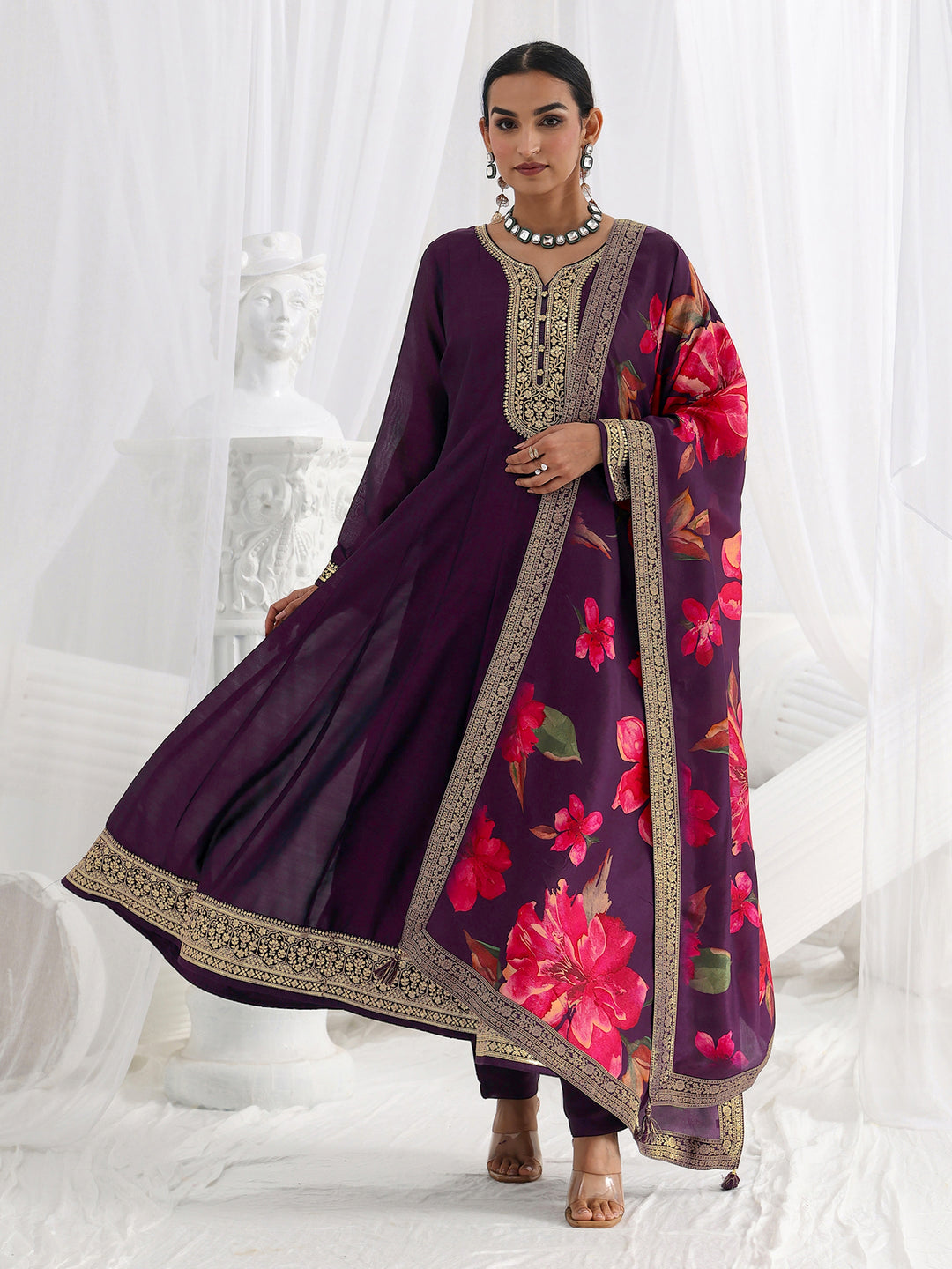  Purple Embroidered Silk Blend A-Line Suit Set With Dupatta 