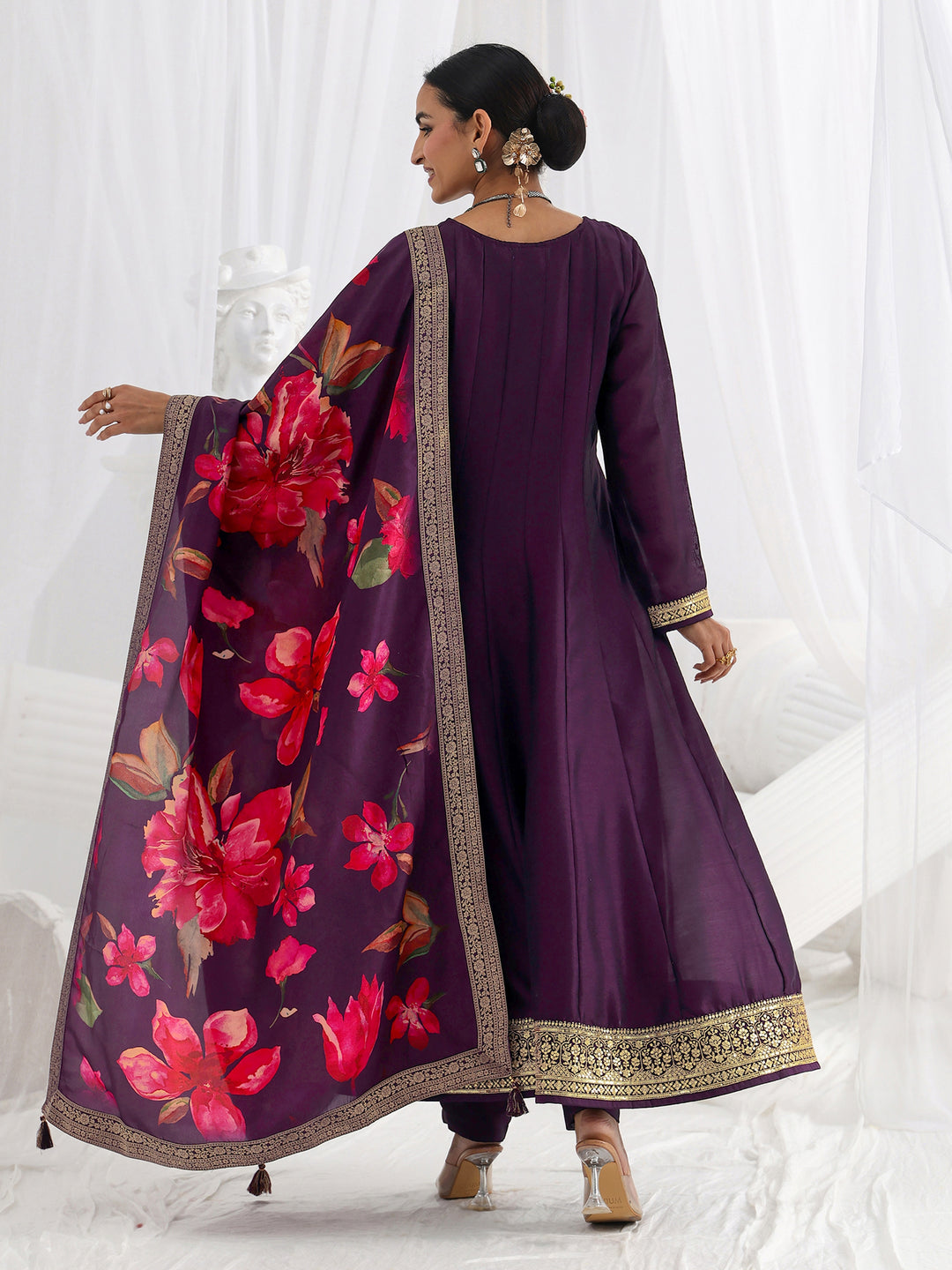  Purple Embroidered Silk Blend A-Line Suit Set With Dupatta 