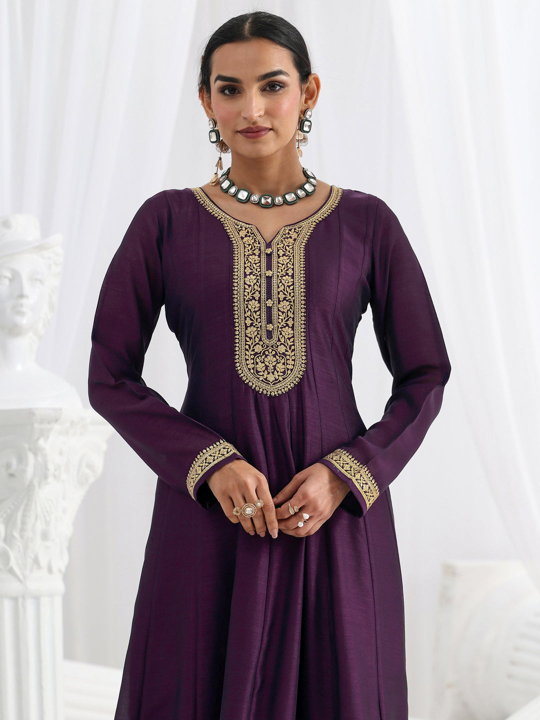  Purple Embroidered Silk Blend A-Line Suit Set With Dupatta 