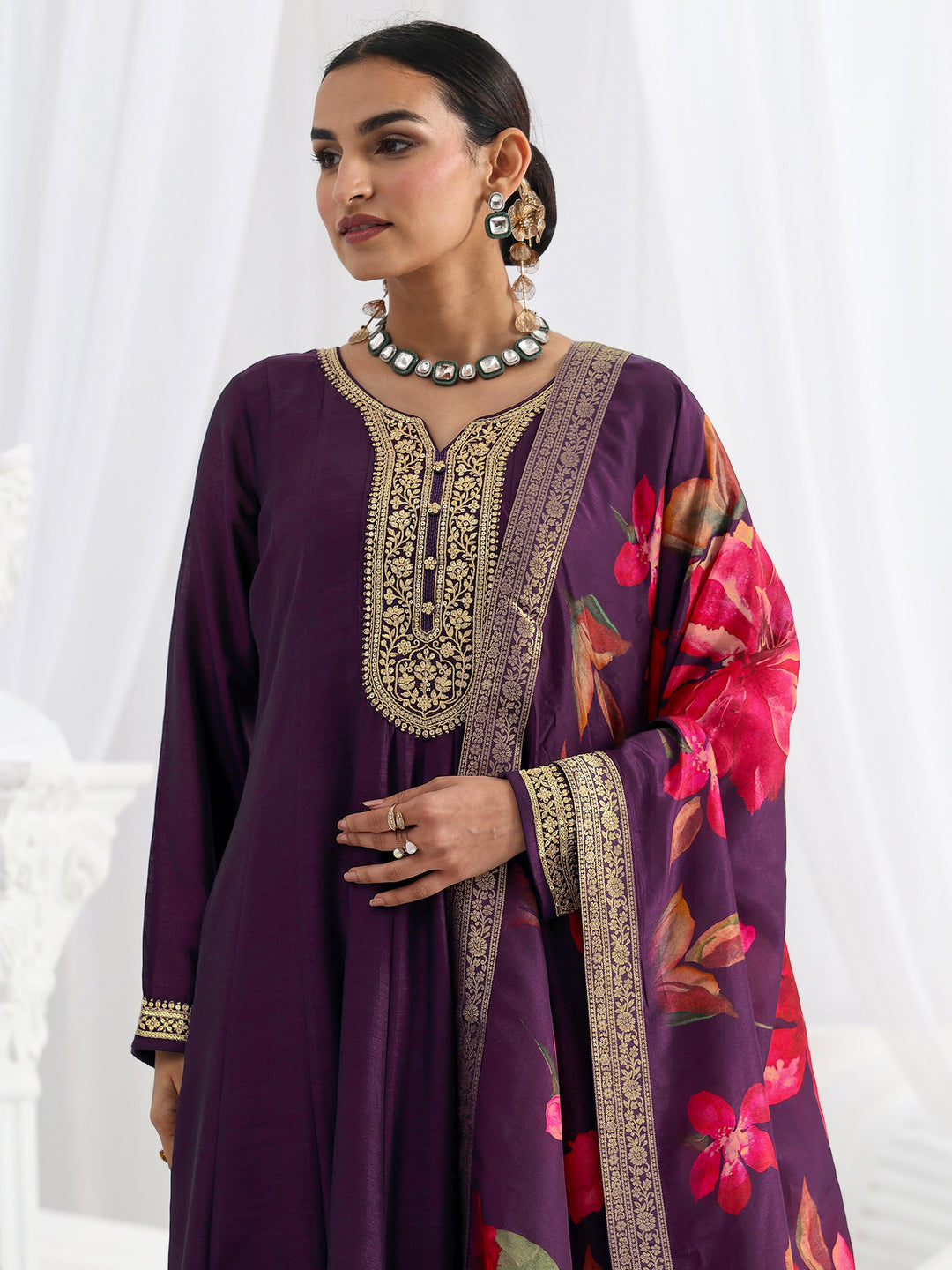  Purple Embroidered Silk Blend A-Line Suit Set With Dupatta 