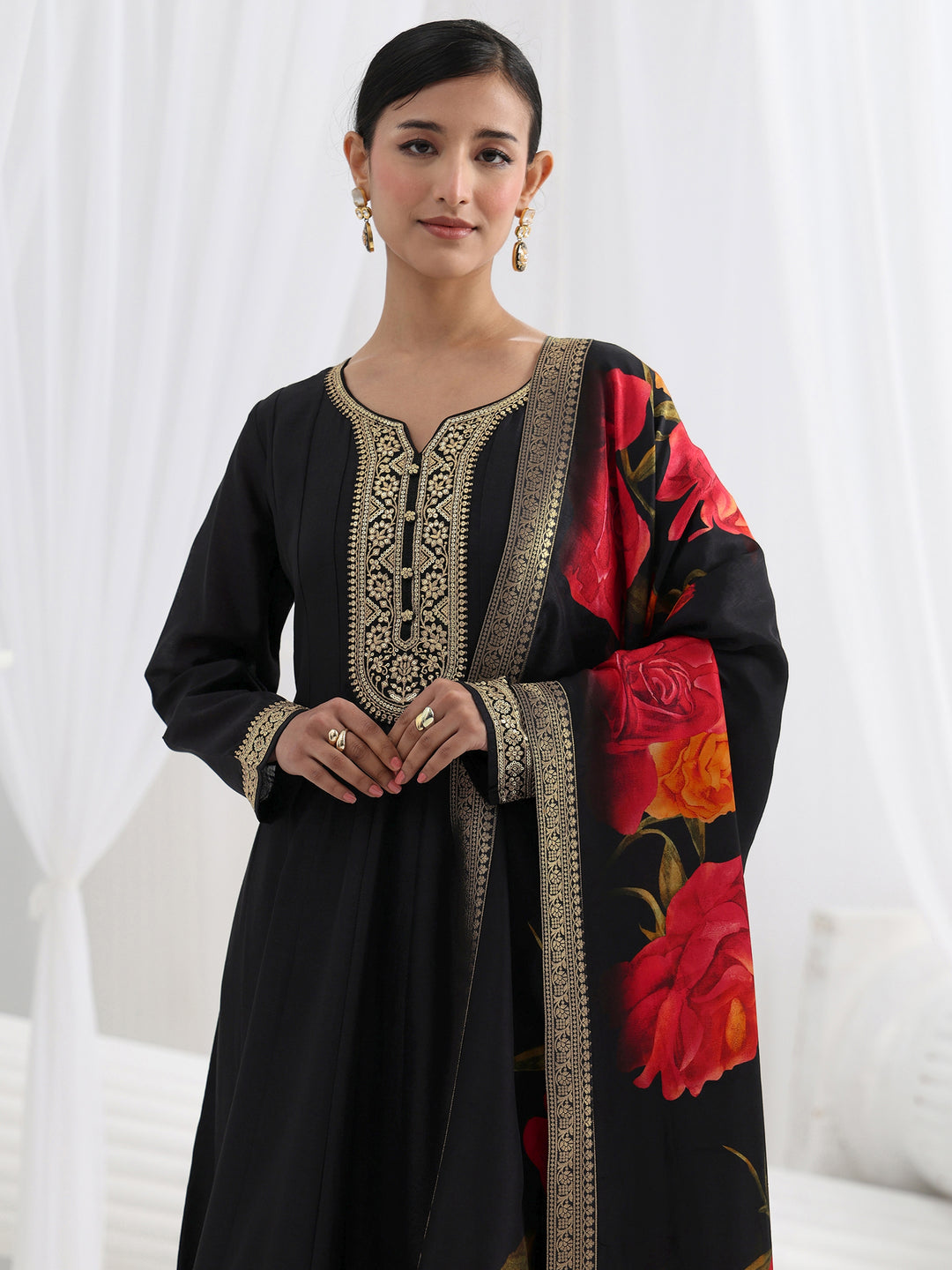  Black Embroidered Silk Blend A-Line Suit Set With Dupatta 