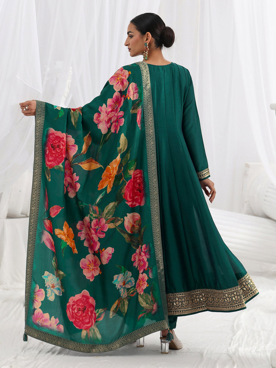  Teal Embroidered Silk Blend A-Line Suit Set With Dupatta 