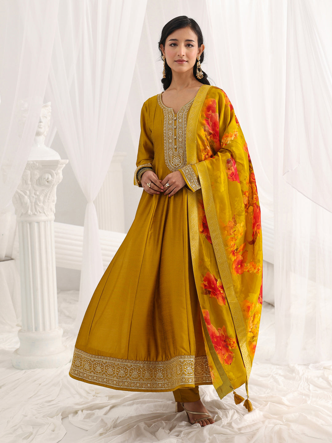 Mustard Embroidered Silk Blend A-Line Suit Set With Dupatta