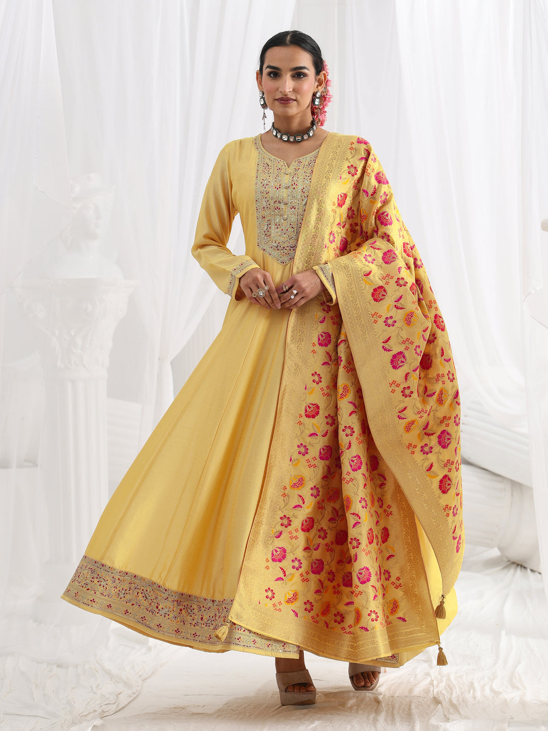  Yellow Embroidered Silk A-Line Gown With Dupatta 