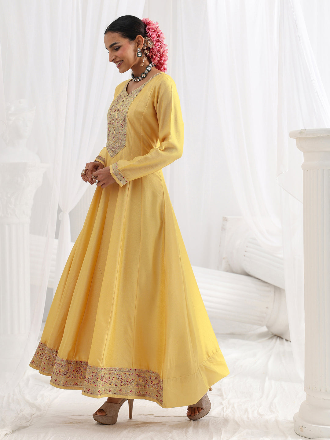  Yellow Embroidered Silk A-Line Gown With Dupatta 