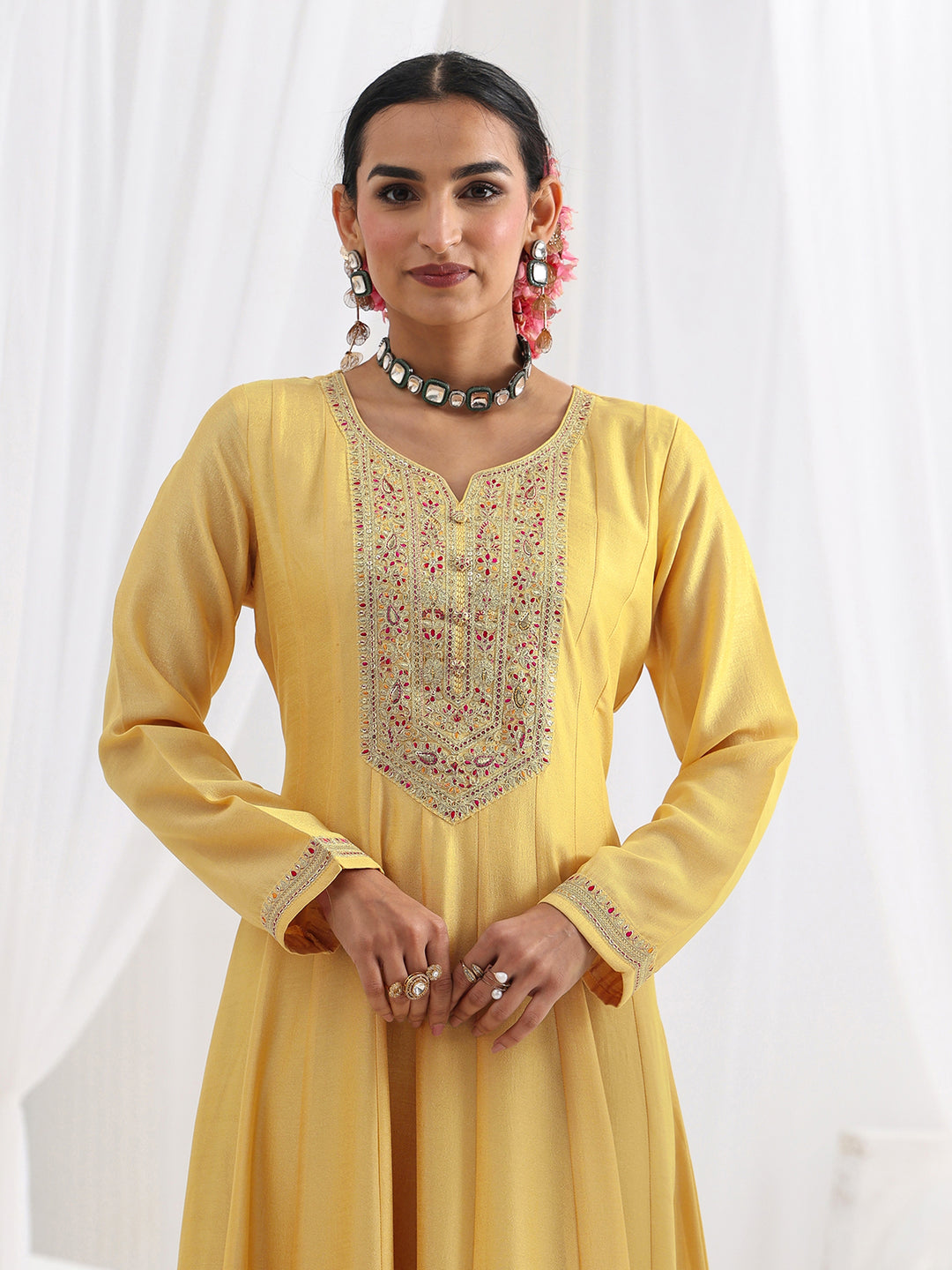  Yellow Embroidered Silk A-Line Gown With Dupatta 