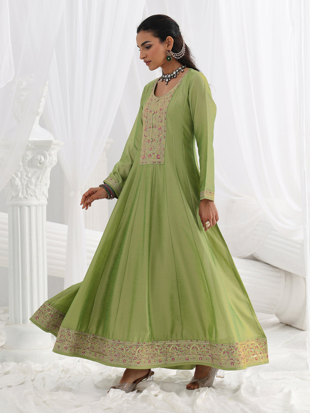 Green Embroidered Silk A-Line Gown With Dupatta 