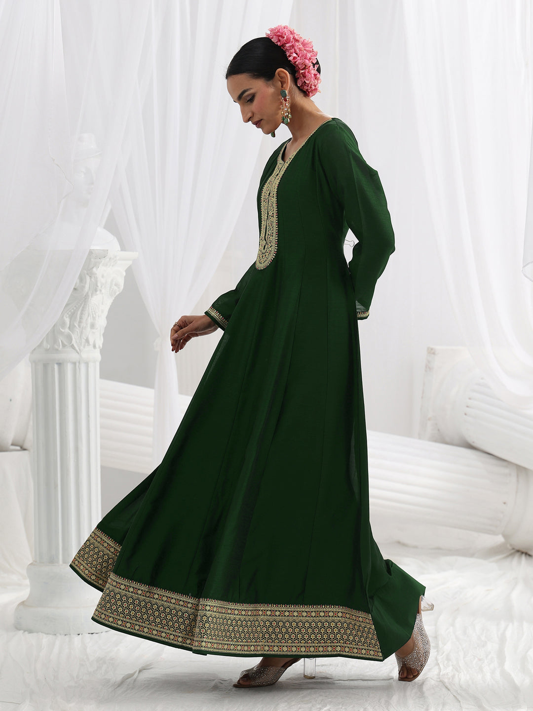 Buy Green Embroidered Silk A-Line Gown With Dupatta Online at Rs.2169 | Libas Buy Green Embroidered Silk A-Line Gown With Dupatta Online at Rs.2169 | Libas