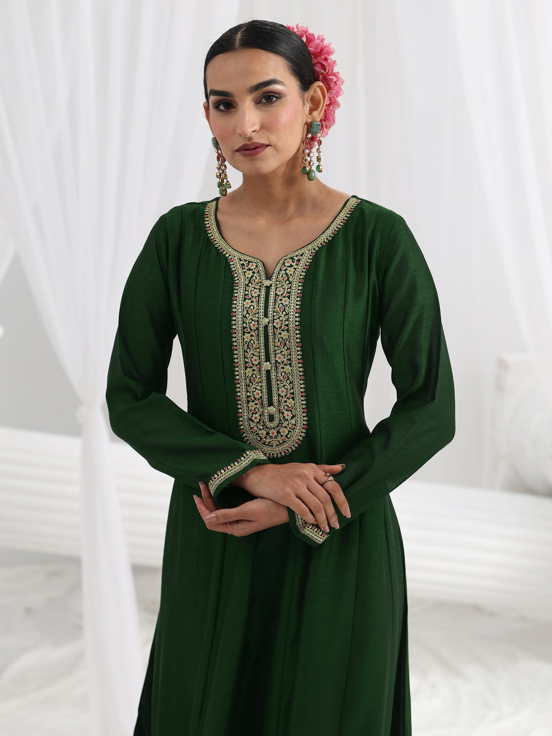  Green Embroidered Silk A-Line Gown With Dupatta 