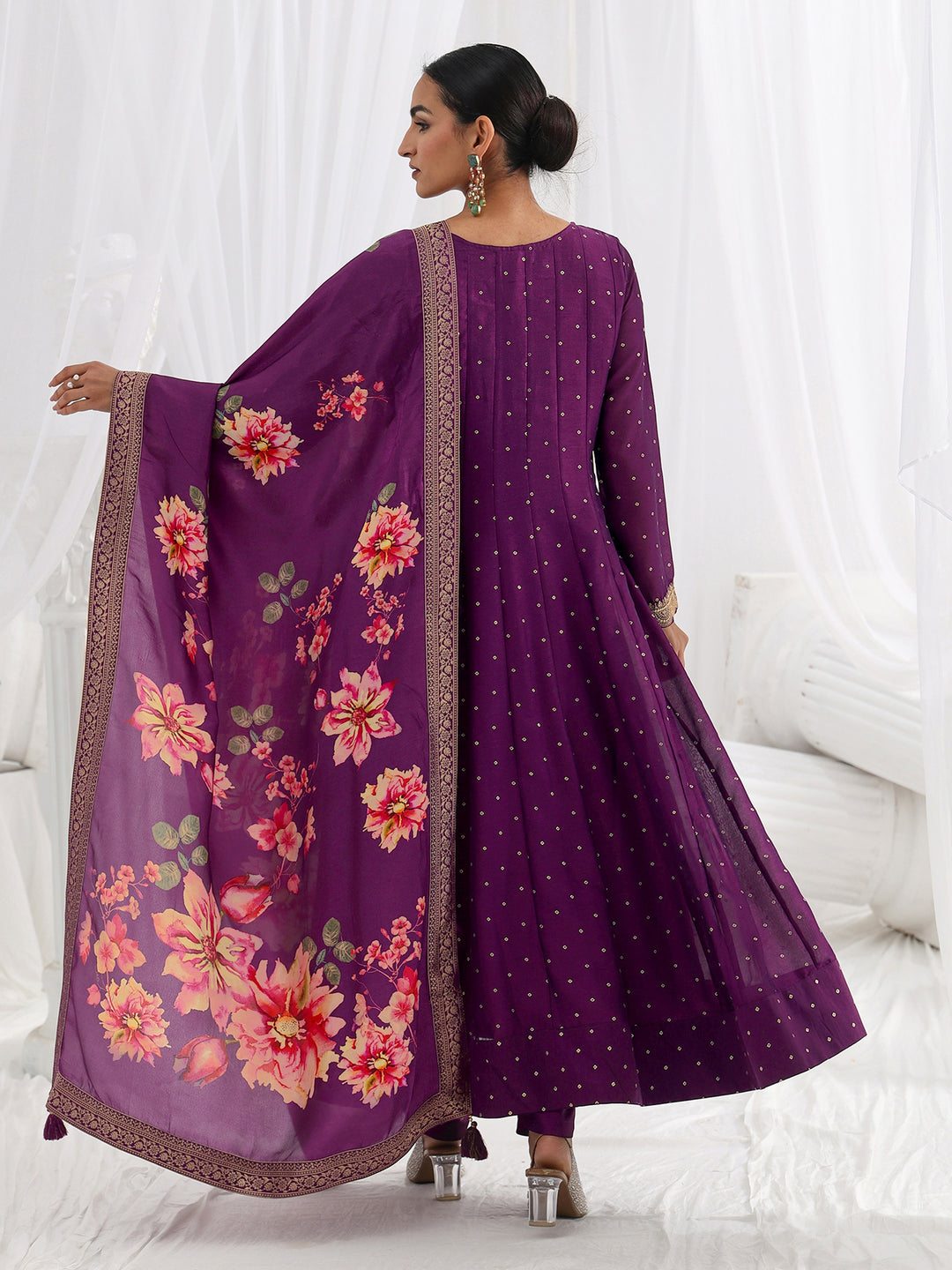  Purple Printed Silk Blend A-Line Suit Set With Dupatta 