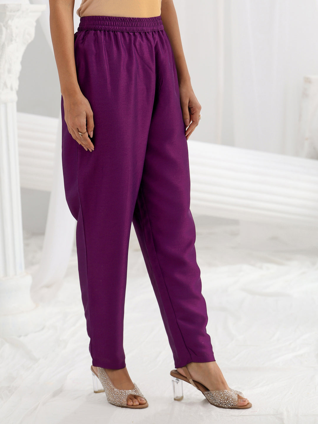  Purple Printed Silk Blend A-Line Suit Set With Dupatta 