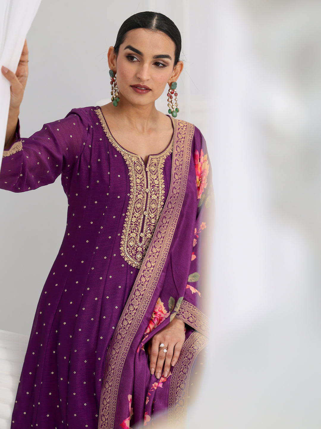  Purple Printed Silk Blend A-Line Suit Set With Dupatta 