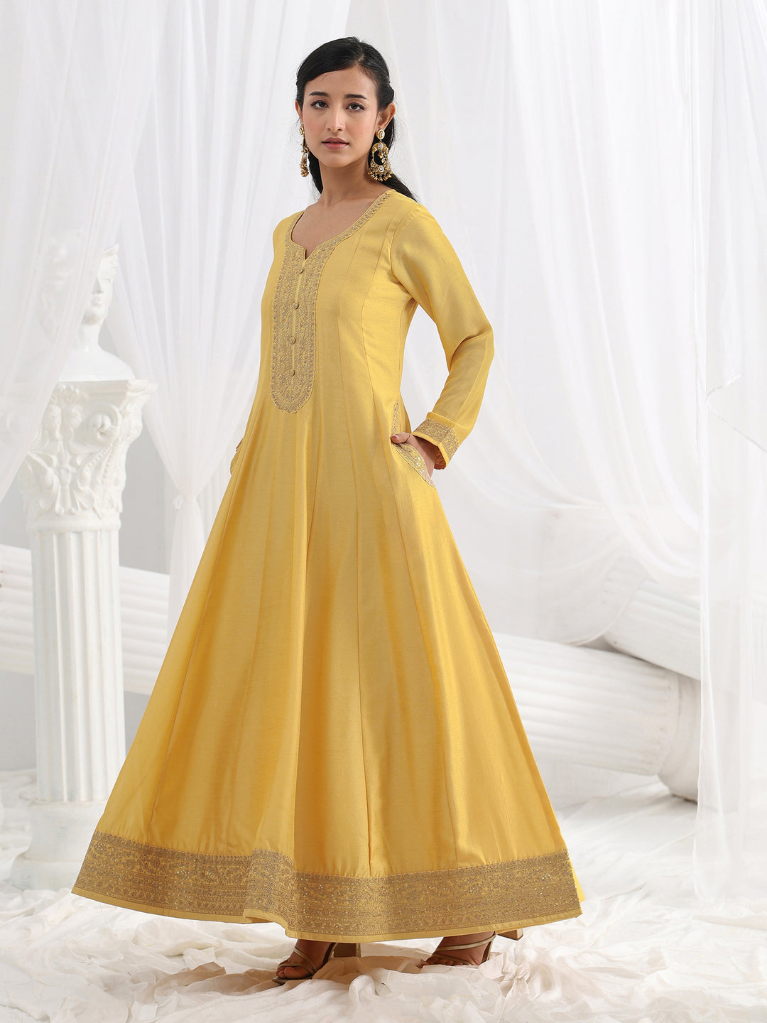  Yellow Embroidered Silk A-Line Gown With Dupatta 