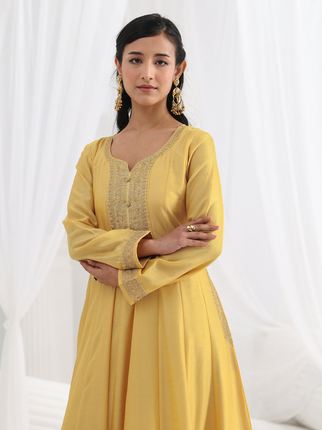  Yellow Embroidered Silk A-Line Gown With Dupatta 