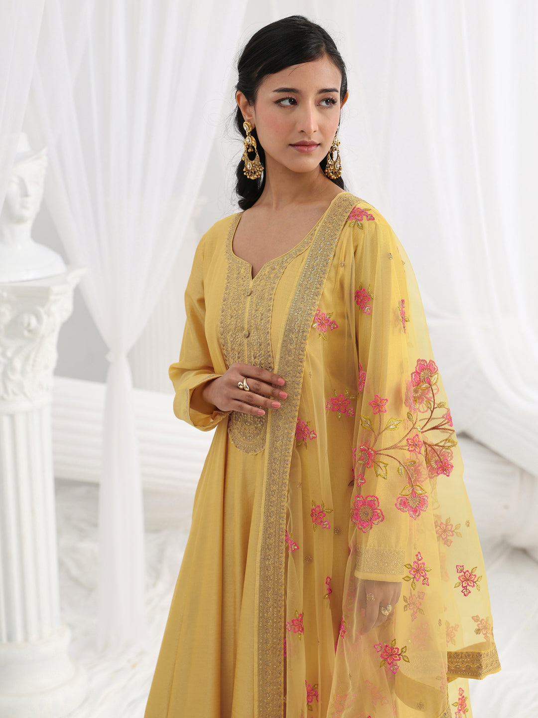  Yellow Embroidered Silk A-Line Gown With Dupatta 