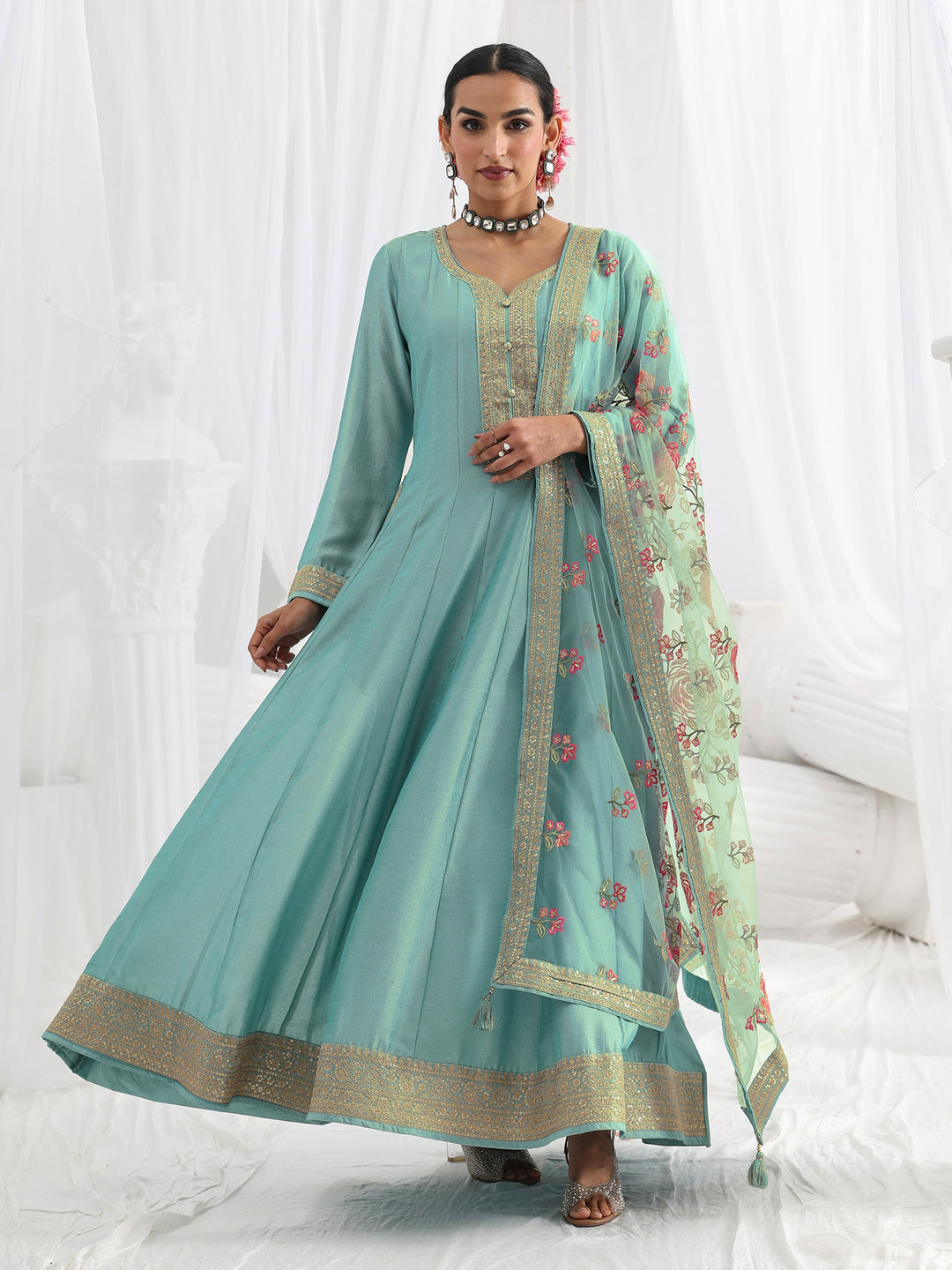  Blue Embroidered Silk A-Line Gown With Dupatta 