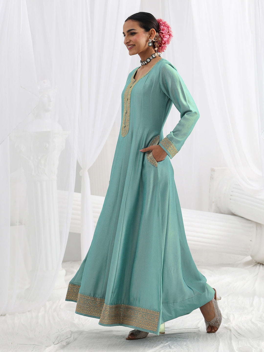  Blue Embroidered Silk A-Line Gown With Dupatta 