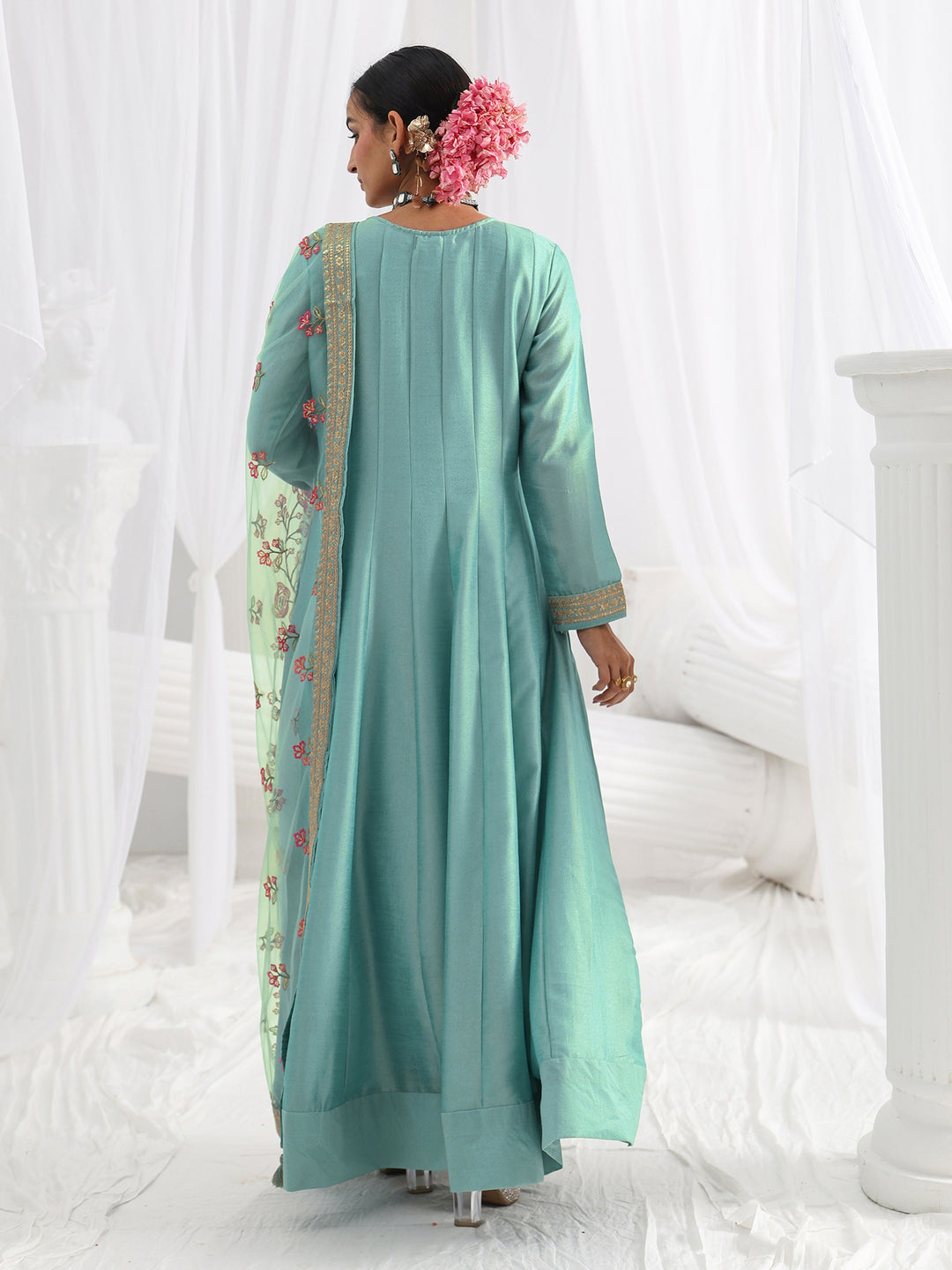  Blue Embroidered Silk A-Line Gown With Dupatta 