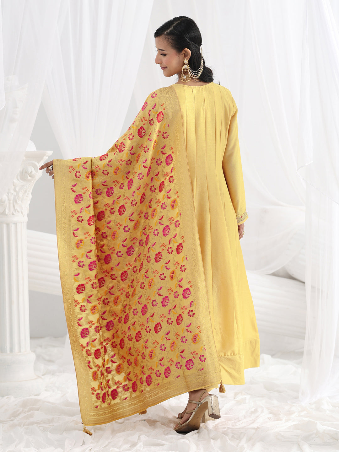  Yellow Embroidered Silk Blend A-Line Suit Set With Dupatta 