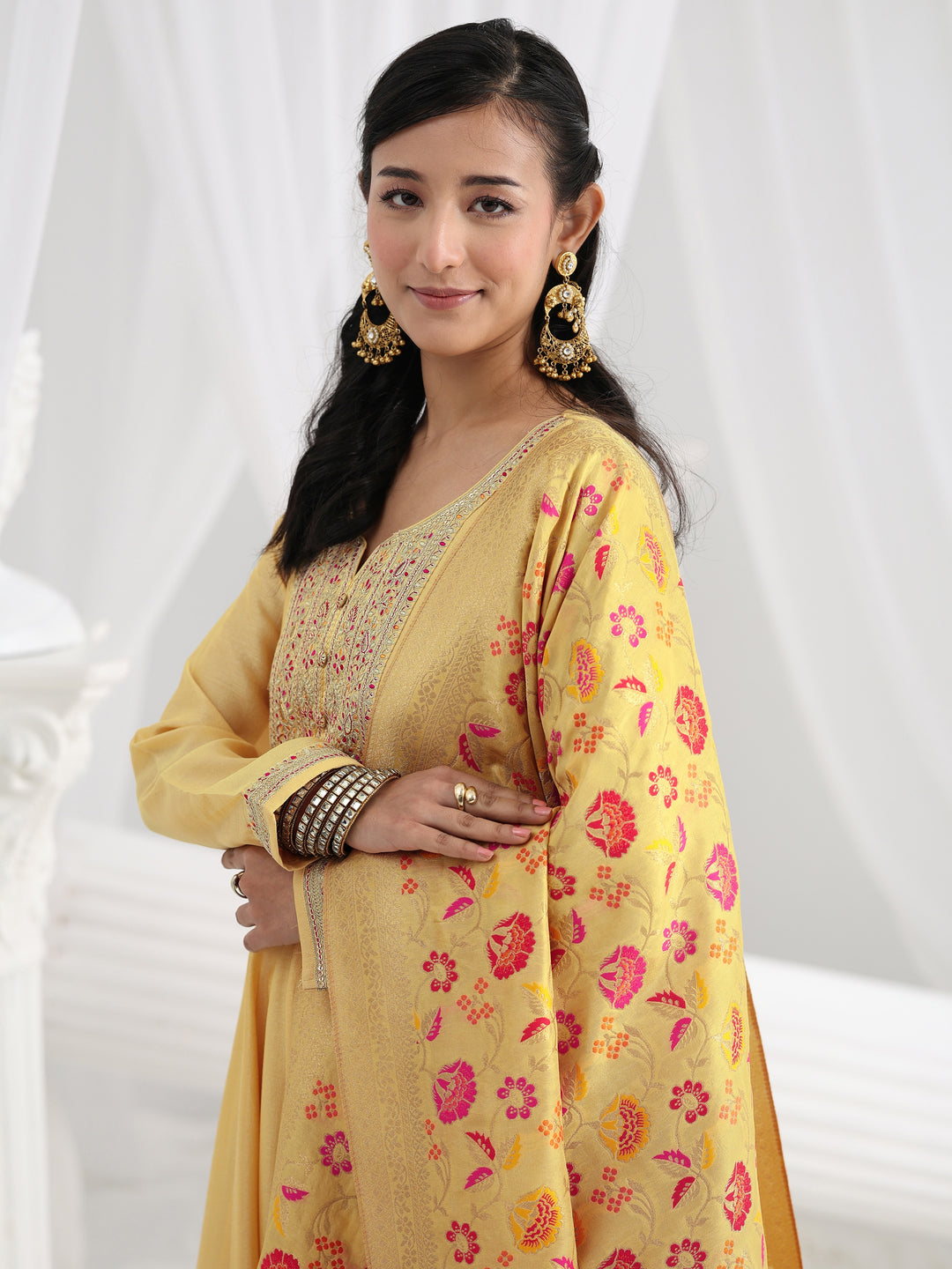  Yellow Embroidered Silk Blend A-Line Suit Set With Dupatta 