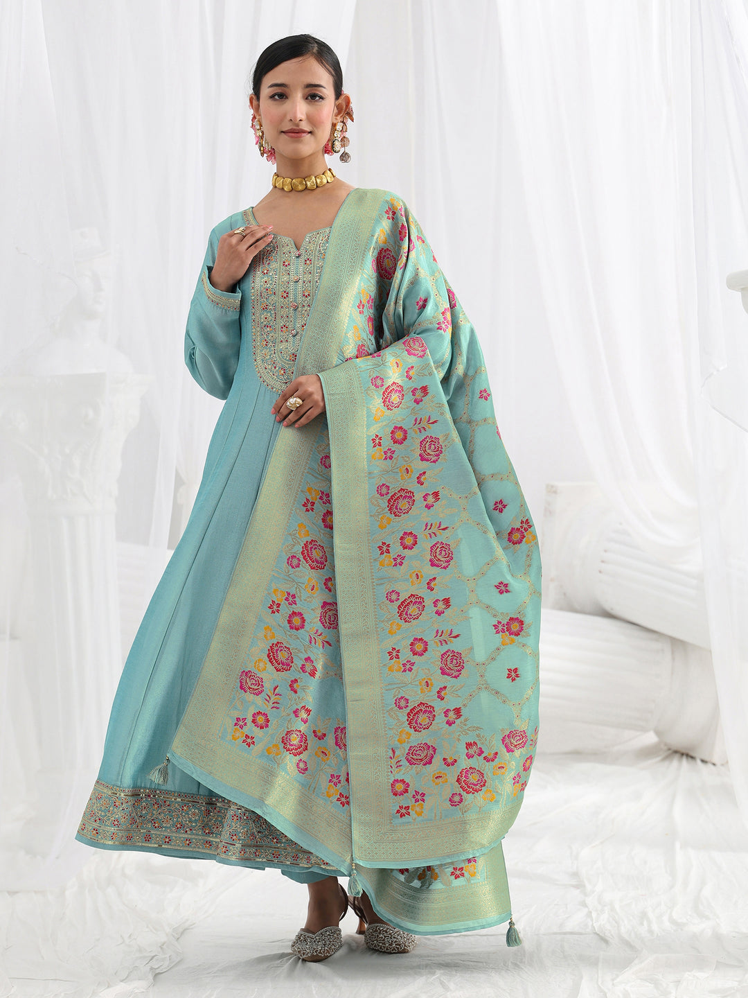  Blue Embroidered Silk Blend A-Line Suit Set With Dupatta 