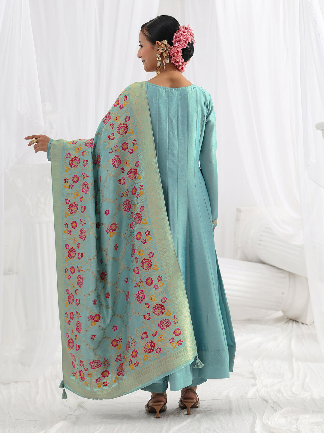  Blue Embroidered Silk Blend A-Line Suit Set With Dupatta 
