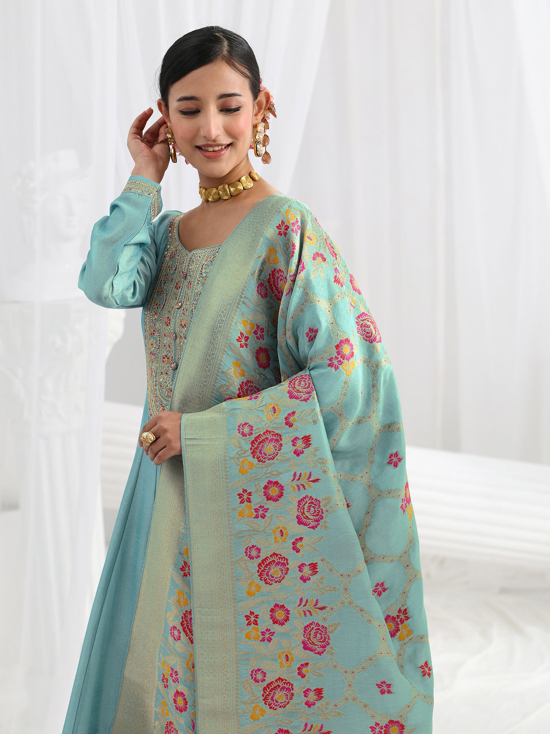  Blue Embroidered Silk Blend A-Line Suit Set With Dupatta 