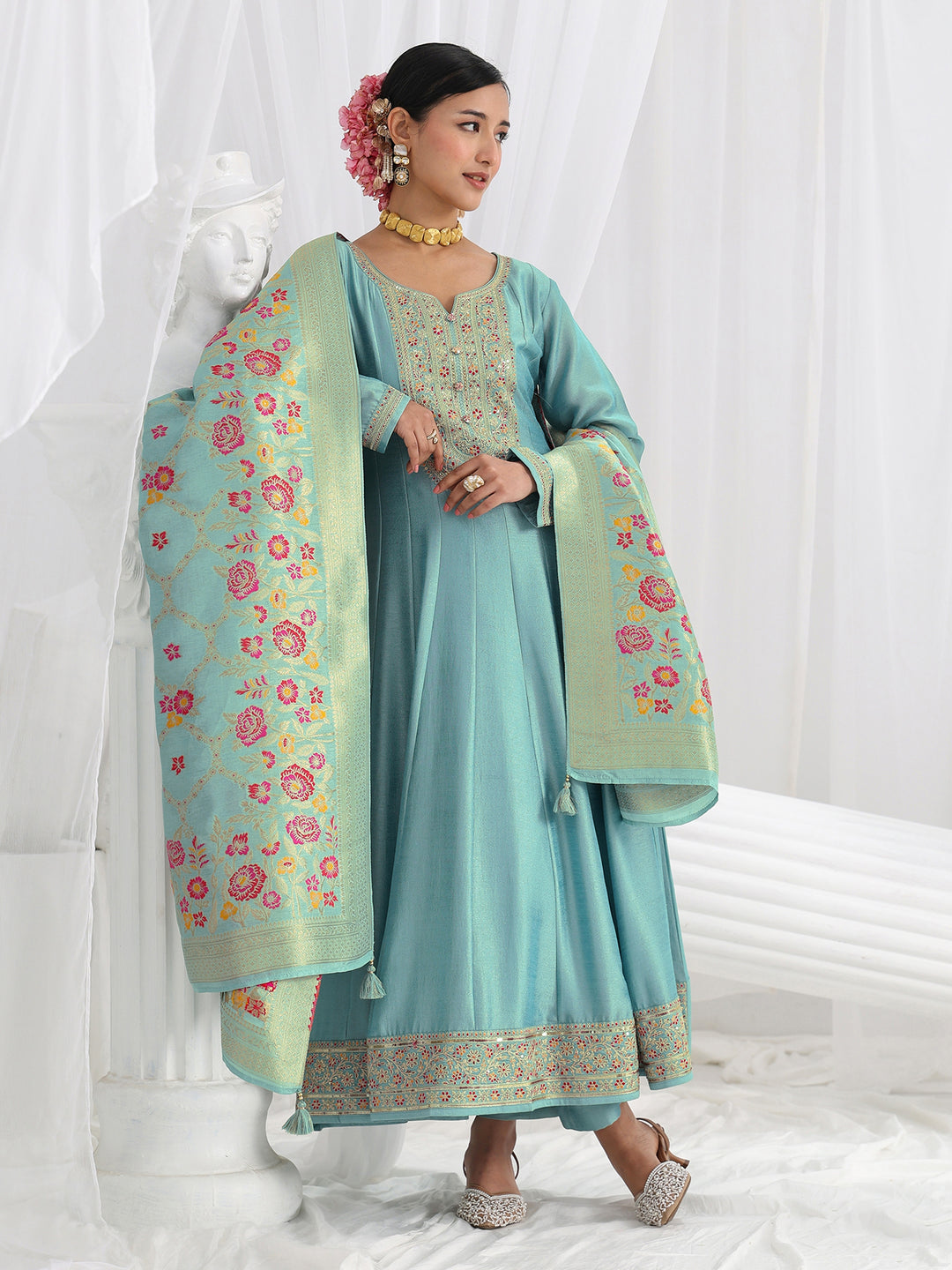  Blue Embroidered Silk Blend A-Line Suit Set With Dupatta 