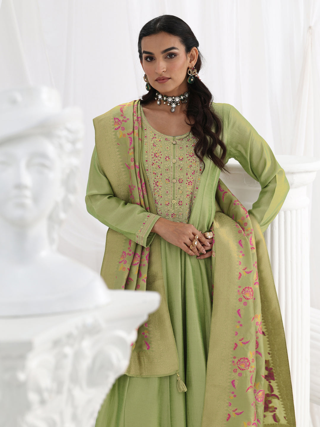 Green Embroidered Silk Blend A-Line Suit Set With Dupatta