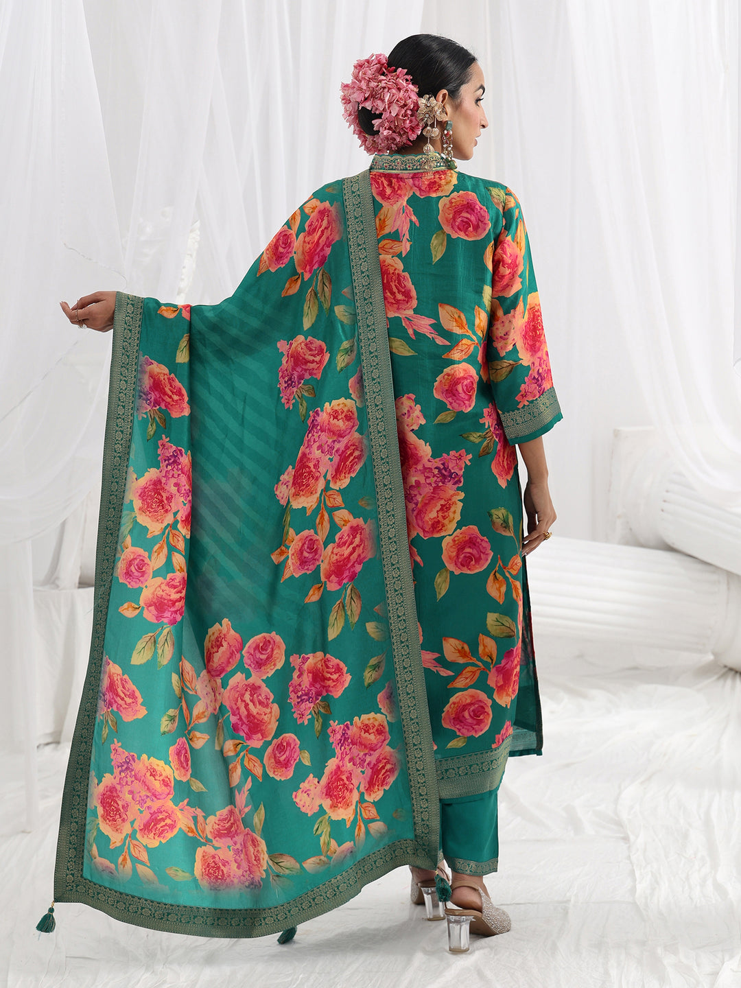  Green Printed Silk Blend Straight Suit Set With Dupatta 