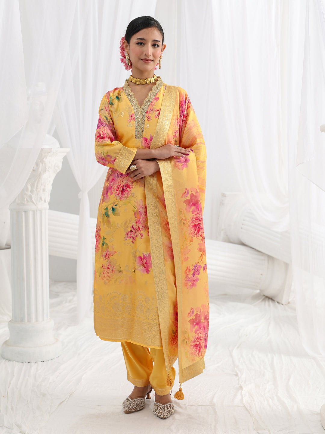  Yellow Printed Silk Blend Straight Suit Set With Dupatta 