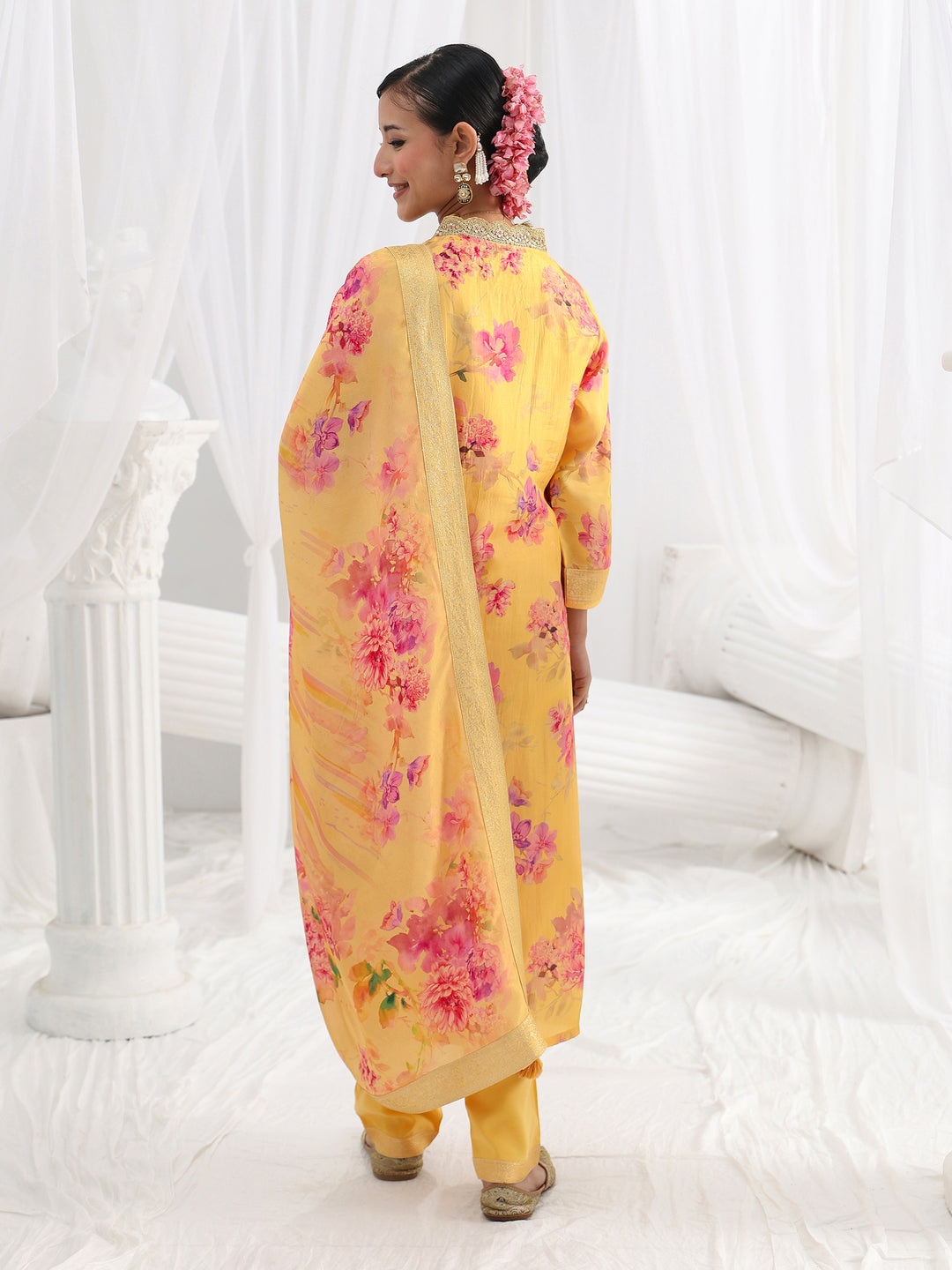  Yellow Printed Silk Blend Straight Suit Set With Dupatta 
