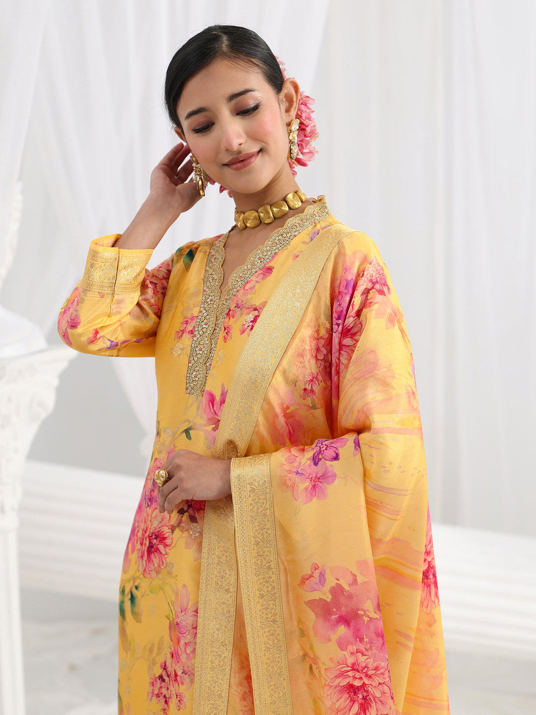  Yellow Printed Silk Blend Straight Suit Set With Dupatta 