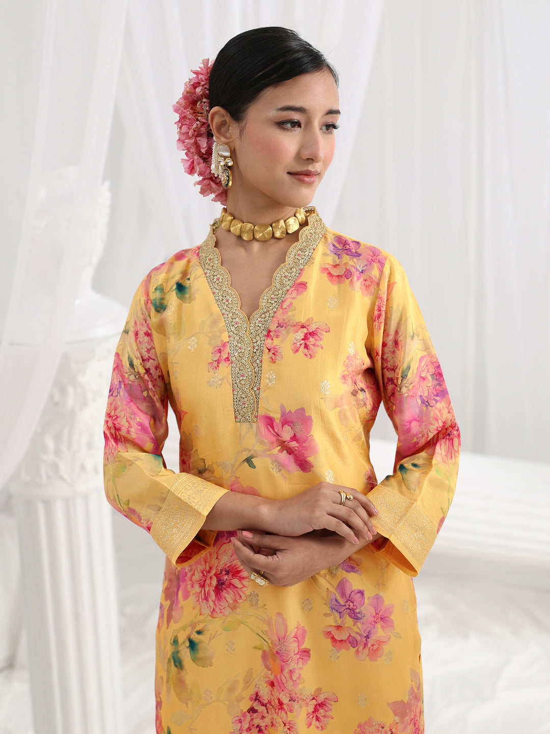  Yellow Printed Silk Blend Straight Suit Set With Dupatta 