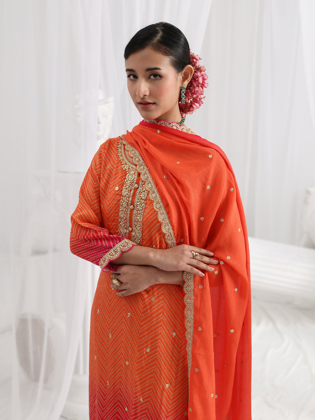 Orange Printed Chinon Straight Suit Set With Dupatta