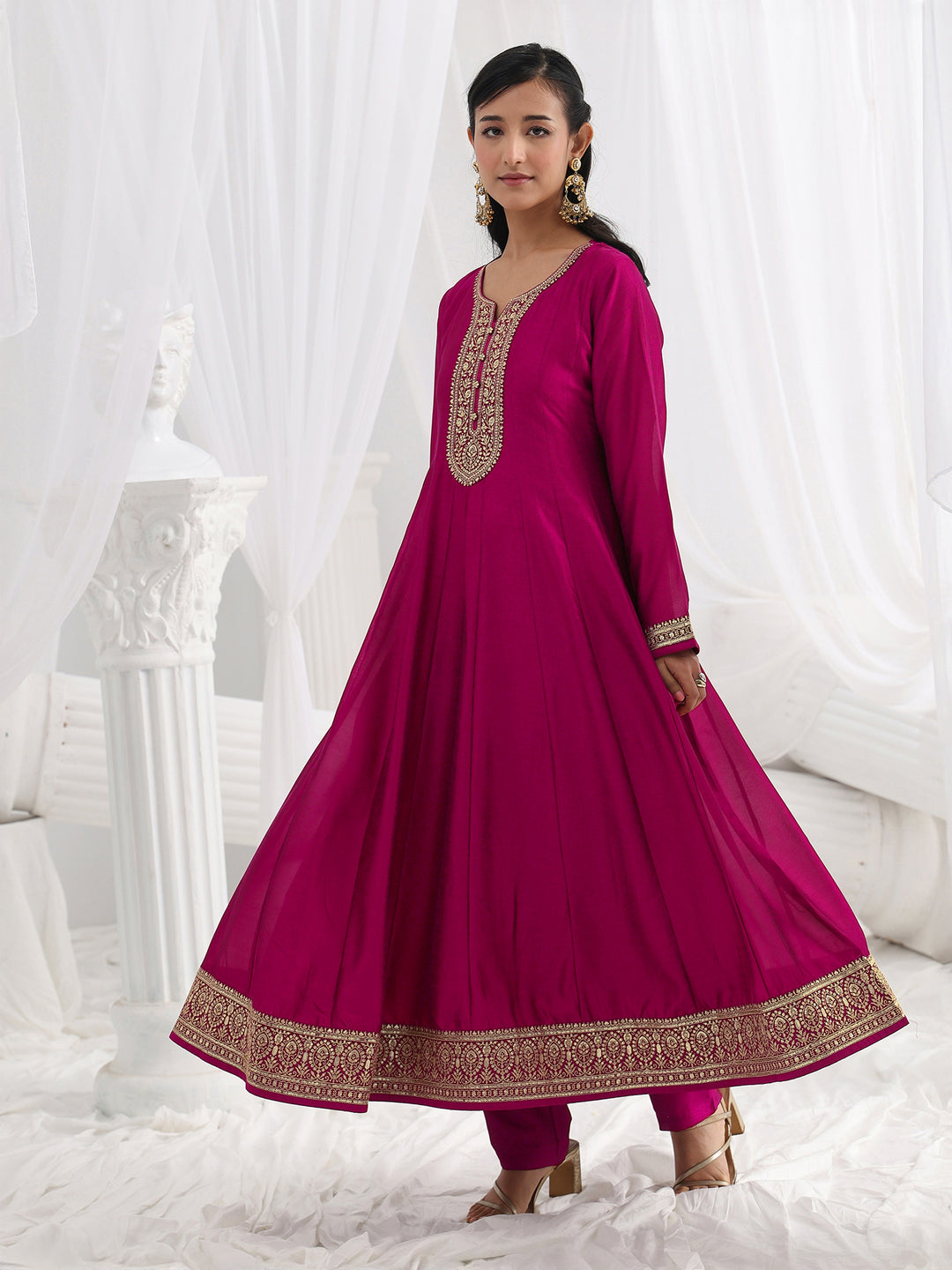  Burgundy Embroidered Silk Blend A-Line Suit Set With Dupatta 
