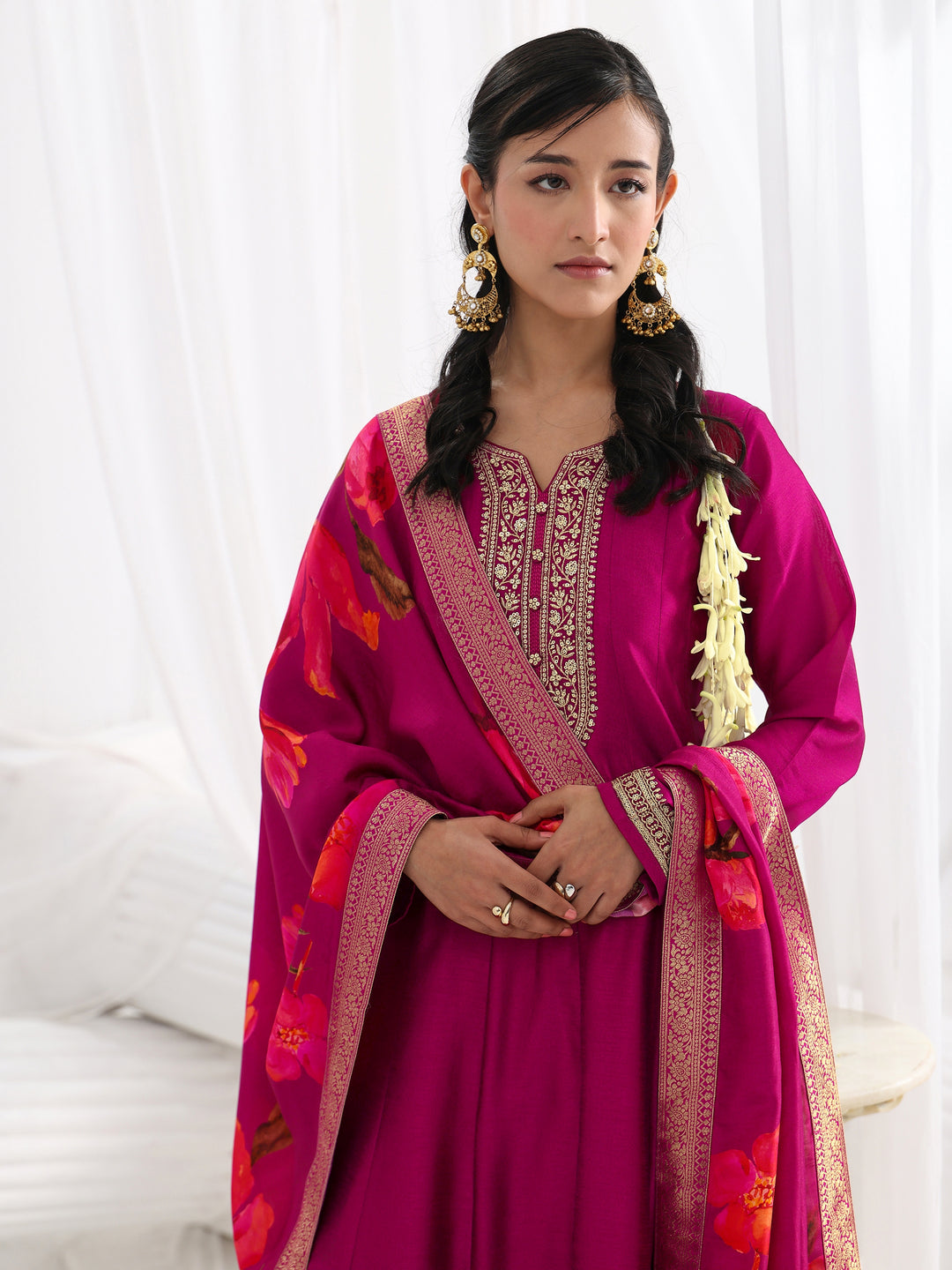  Burgundy Embroidered Silk Blend A-Line Suit Set With Dupatta 