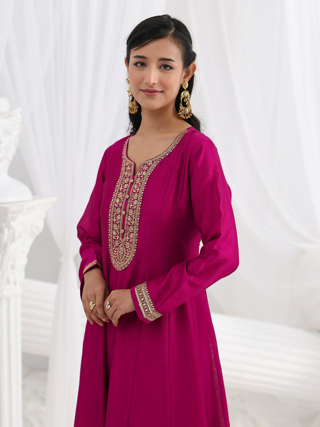  Burgundy Embroidered Silk Blend A-Line Suit Set With Dupatta 