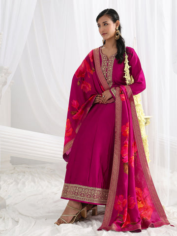 Burgundy Embroidered Silk Blend A-Line Suit Set With Dupatta