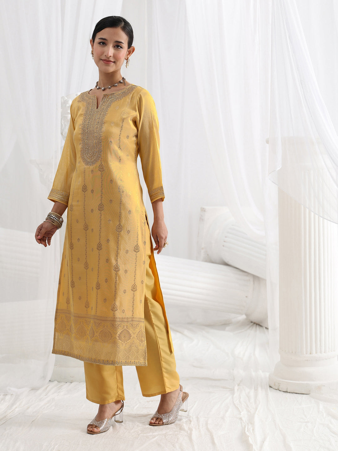  Mustard Woven Design Silk Blend Straight Suit Set With Dupatta 