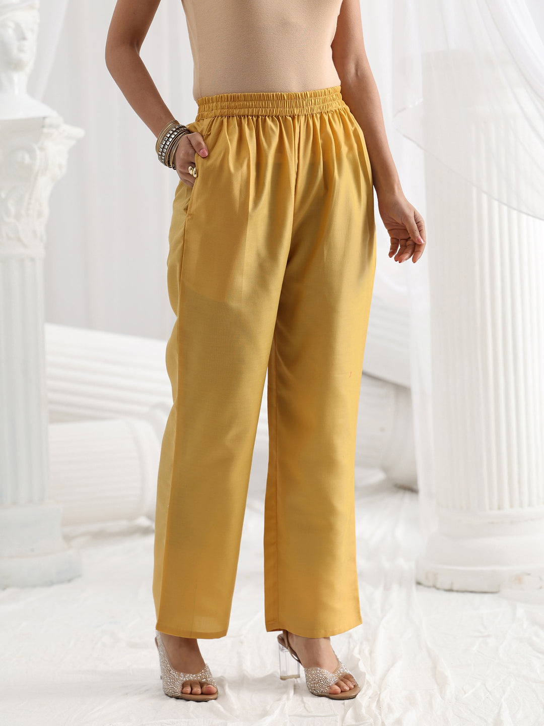  Mustard Woven Design Silk Blend Straight Suit Set With Dupatta 