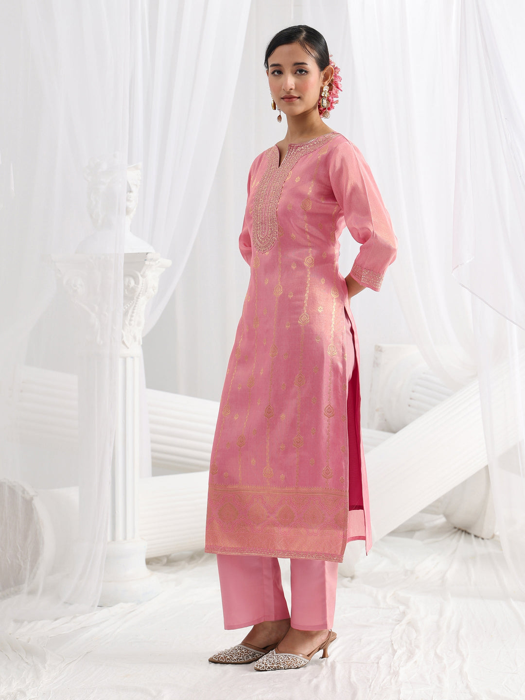  Pink Woven Design Silk Blend Straight Suit Set With Dupatta 